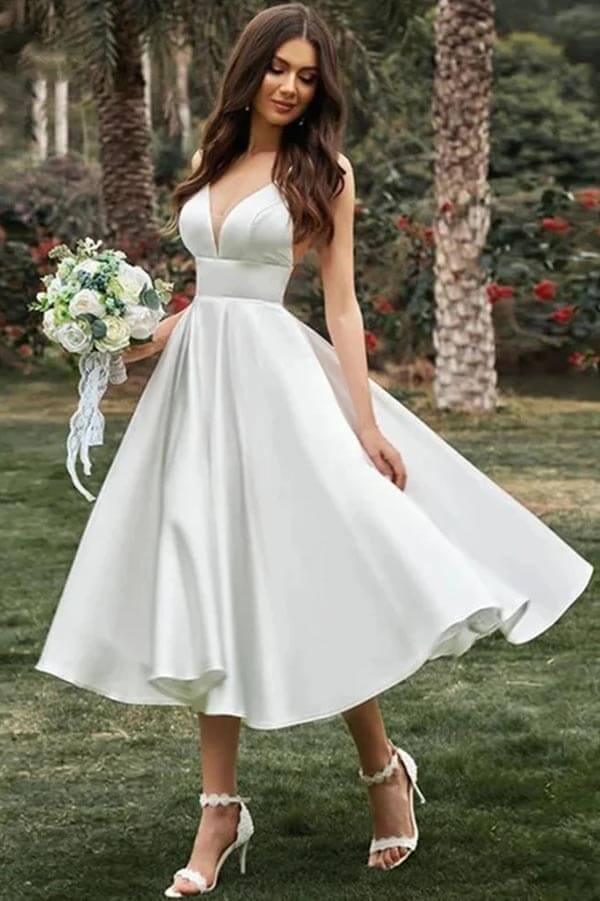 Vestido de novia NumberSea, sencillo, corte A, tirantes finos, largo hasta la rodilla, MW916