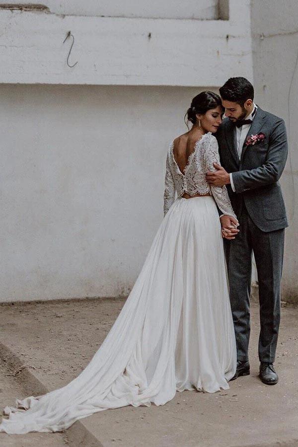 NumberSea Simple A-line Two-piece Bateau Long Sleeves Lace Wedding Dresses