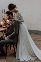 NumberSea Simple A-line Two-piece Bateau Long Sleeves Lace Wedding Dresses