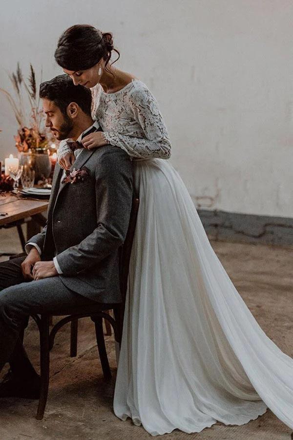 NumberSea Simple A-line Two-piece Bateau Long Sleeves Lace Wedding Dresses