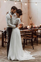 NumberSea Simple A-line Two-piece Bateau Long Sleeves Lace Wedding Dresses