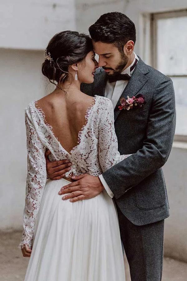 NumberSea Simple A-line Two-piece Bateau Long Sleeves Lace Wedding Dresses