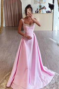 Simple A Line Pink Satin Long Prom Dresses with Beadings