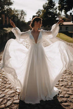 Vestido de novia NumberSea de gasa, corte A, mangas abullonadas, para playa, MW644