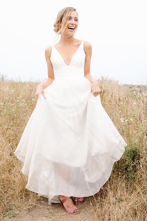 Vestido de novia NumberSea de gasa, sencillo, corte A, sin mangas, para playa, MW817