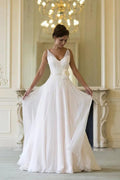 NumberSea Schlichtes Chiffon A-Linie V-Ausschnitt Ärmellos Bodenlang Strand Brautkleider, MW800
