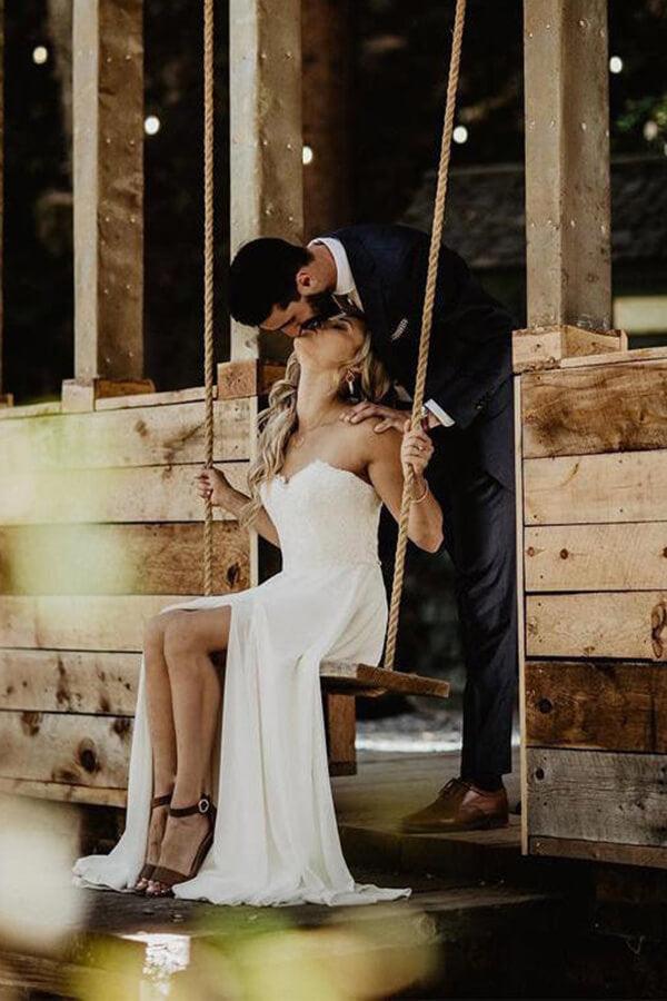 Vestido de novia playero sencillo de gasa con encaje, corte A, escote corazón y sin tirantes, NumberSea, MW642