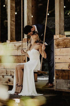 Vestido de novia playero sencillo de gasa con encaje, corte A, escote corazón y sin tirantes, NumberSea, MW642
