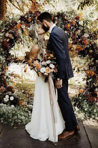 Vestido de novia playero sencillo de gasa con encaje, corte A, escote corazón y sin tirantes, NumberSea, MW642