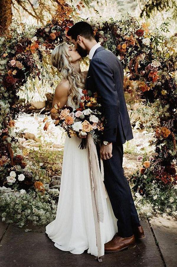 Vestido de novia playero sencillo de gasa con encaje, corte A, escote corazón y sin tirantes, NumberSea, MW642