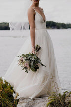 NumberSea Simple Ivory A-line V-neck Backless Wedding Dresses, Beach Wedding Dress