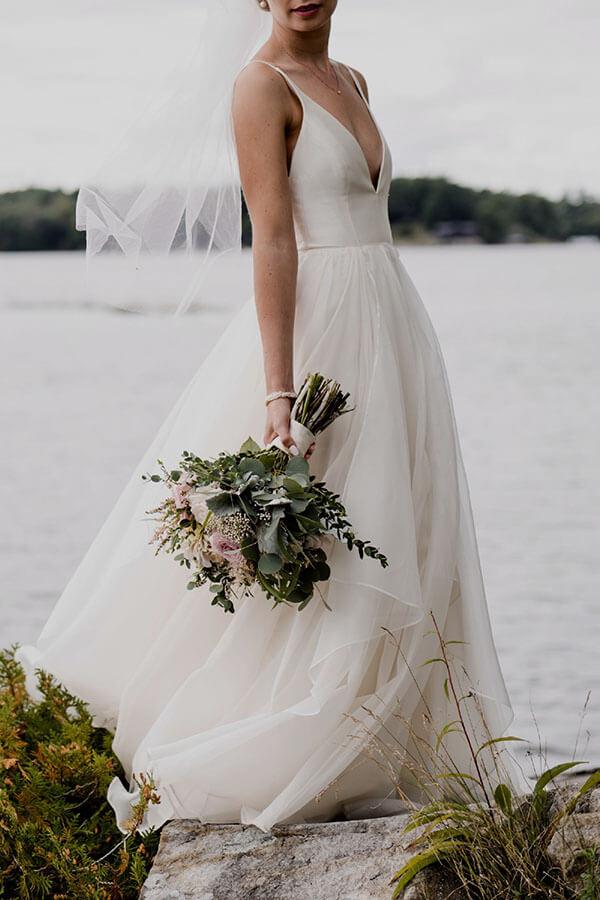 NumberSea Simple Ivory A-line V-neck Backless Wedding Dresses, Beach Wedding Dress