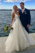 NumberSea Simple Ivory A-line V-neck Backless Wedding Dresses, Beach Wedding Dress