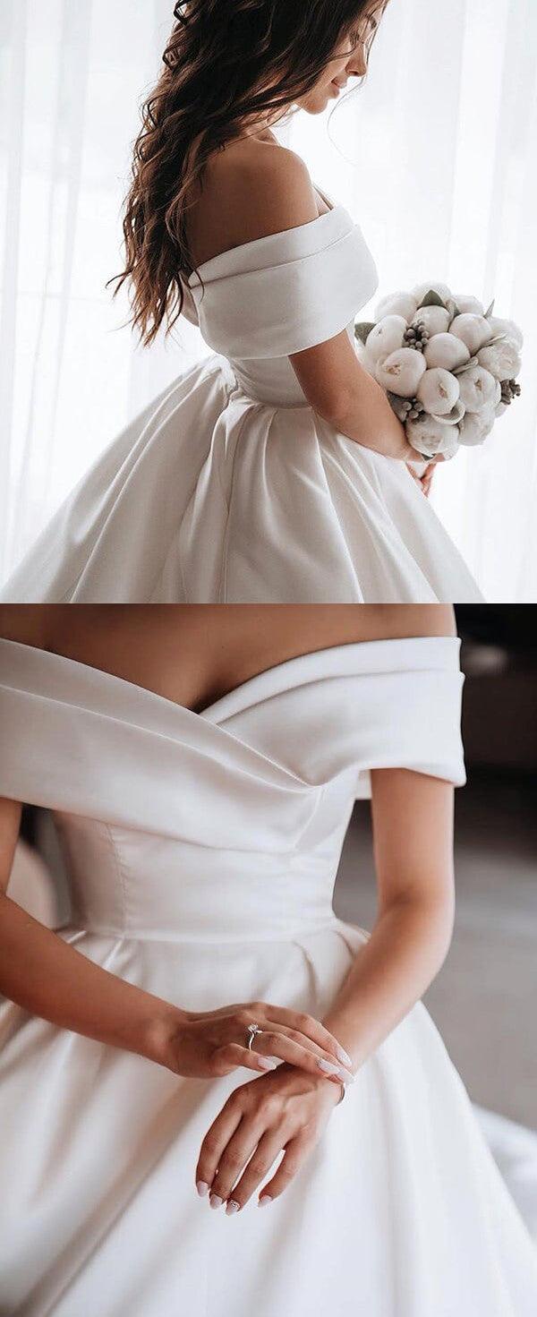 Vestido de novia NumberSea sencillo color marfil con encaje satinado y hombros descubiertos, MW633