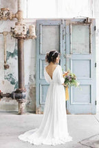 Vestido de novia largo NumberSea de gasa color marfil, corte A, escote en V y media manga, MW694