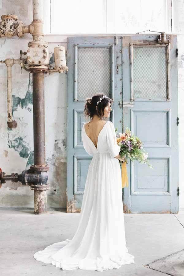 Vestido de novia largo NumberSea de gasa color marfil, corte A, escote en V y media manga, MW694