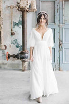 Vestido de novia largo NumberSea de gasa color marfil, corte A, escote en V y media manga, MW694