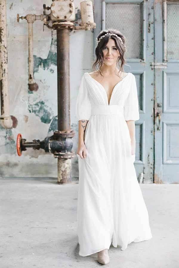 Vestido de novia largo NumberSea de gasa color marfil, corte A, escote en V y media manga, MW694