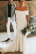 NumberSea Simple Ivory Mermaid Off-the-Shoulder Wedding Dresses, Bridal Gowns