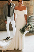 NumberSea Simple Ivory Mermaid Off-the-Shoulder Wedding Dresses, Bridal Gowns