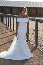 NumberSea Simple Ivory Mermaid Off-the-Shoulder Wedding Dresses, Bridal Gowns