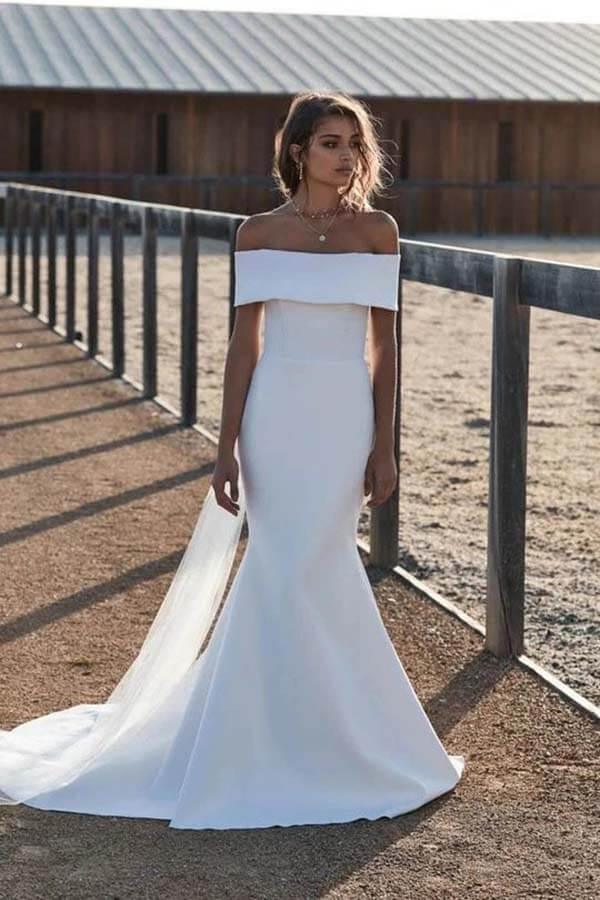 NumberSea Simple Ivory Mermaid Off-the-Shoulder Wedding Dresses, Bridal Gowns