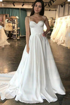 NumberSea Simple Ivory Satin A-line Sweetheart Wedding Dresses, Cheap Bridal Gown