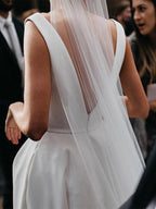 NumberSea Simple Ivory Satin A-line V-Neck Wedding Dresses with Pockets