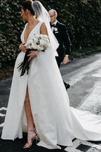 NumberSea Simple Ivory Satin A-line V-Neck Wedding Dresses with Pockets