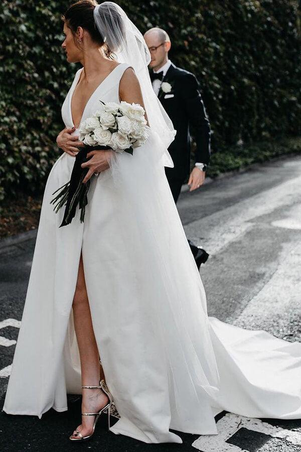 NumberSea Simple Ivory Satin A-line V-Neck Wedding Dresses with Pockets