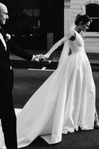 NumberSea Simple Ivory Satin A-line V-Neck Wedding Dresses with Pockets