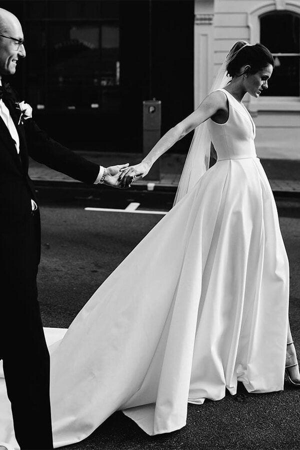 NumberSea Simple Ivory Satin A-line V-Neck Wedding Dresses with Pockets
