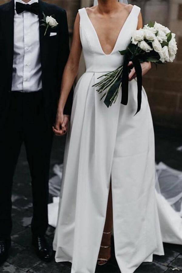 NumberSea Simple Ivory Satin A-line V-Neck Wedding Dresses with Pockets
