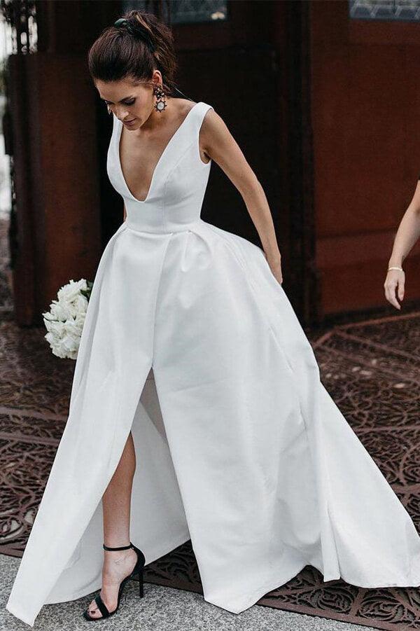 NumberSea Simple Ivory Satin A-line V-Neck Wedding Dresses with Pockets