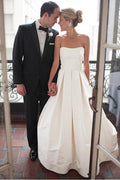 NumberSea Simple Ivory Satin Sweetheart Strapless Wedding Dress With Court Train