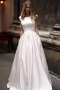 Vestido de novia estilo princesa, corte A, vintage, de satén marfil, sencillo y con bolsillos, de NumberSea, MW698
