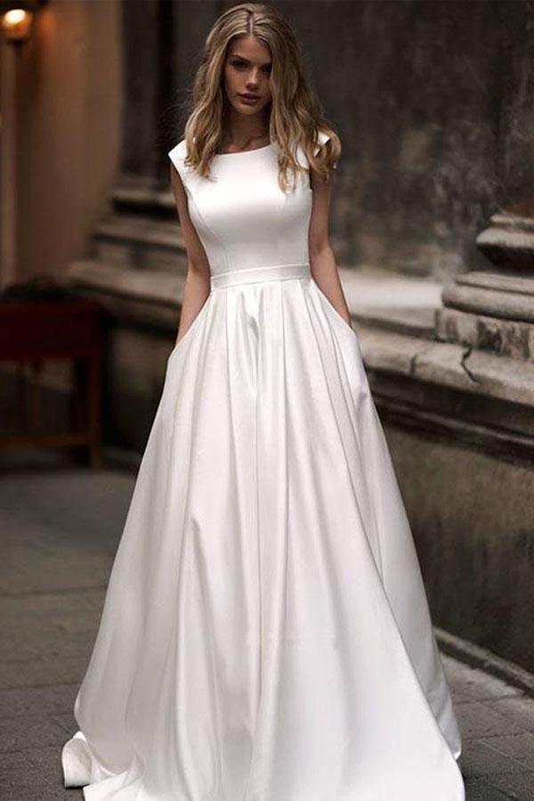 Vestido de novia estilo princesa, corte A, vintage, de satén marfil, sencillo y con bolsillos, de NumberSea, MW698