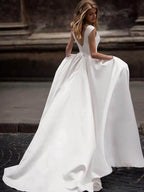Vestido de novia estilo princesa, corte A, vintage, de satén marfil, sencillo y con bolsillos, de NumberSea, MW698