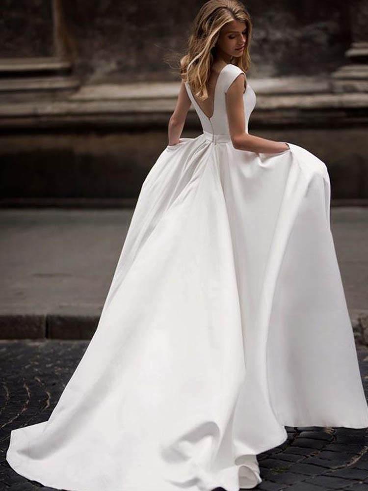 Vestido de novia estilo princesa, corte A, vintage, de satén marfil, sencillo y con bolsillos, de NumberSea, MW698