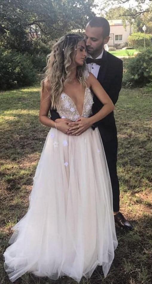 Vestido de novia largo NumberSea con escote en A, tirantes finos y encaje, corte en A, cola larga, MW324