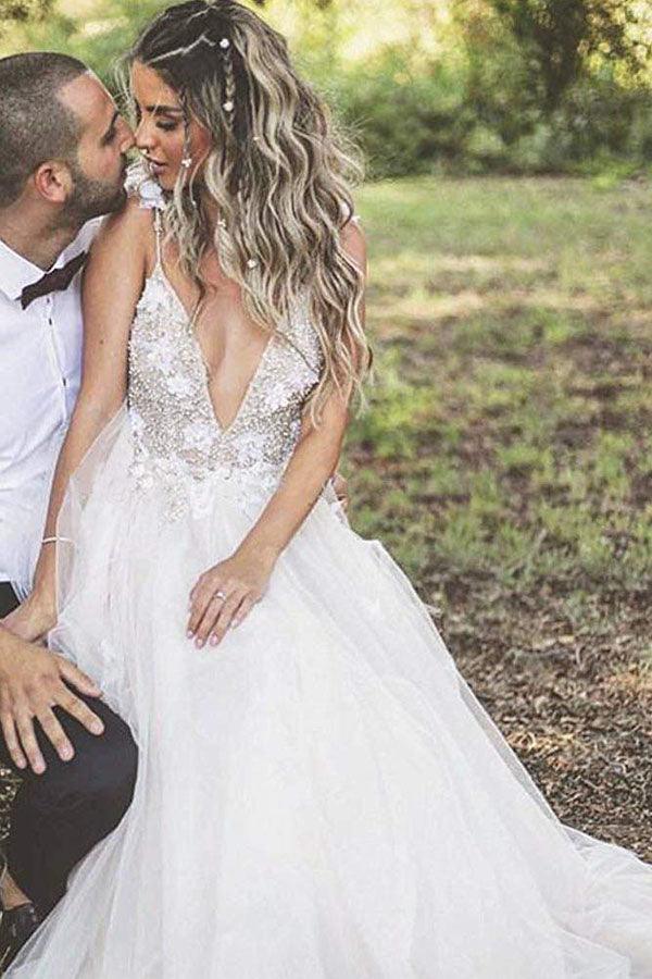 Vestido de novia largo NumberSea con escote en A, tirantes finos y encaje, corte en A, cola larga, MW324