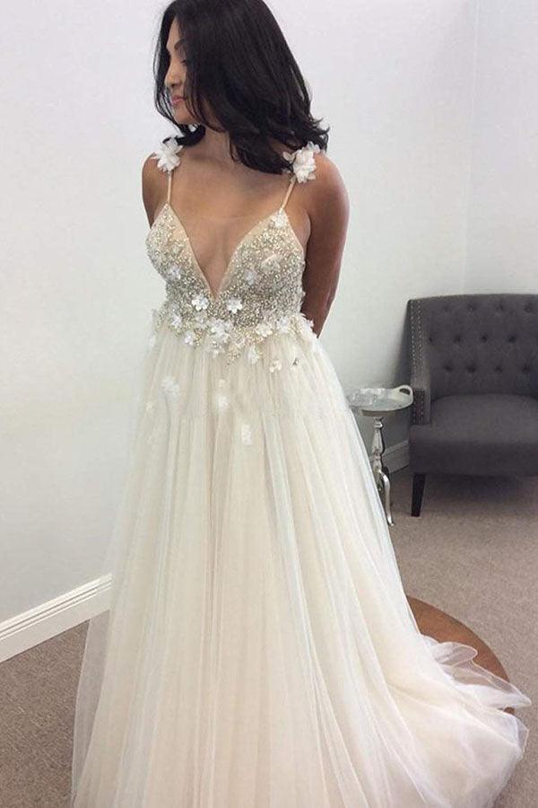 Vestido de novia largo NumberSea con escote en A, tirantes finos y encaje, corte en A, cola larga, MW324