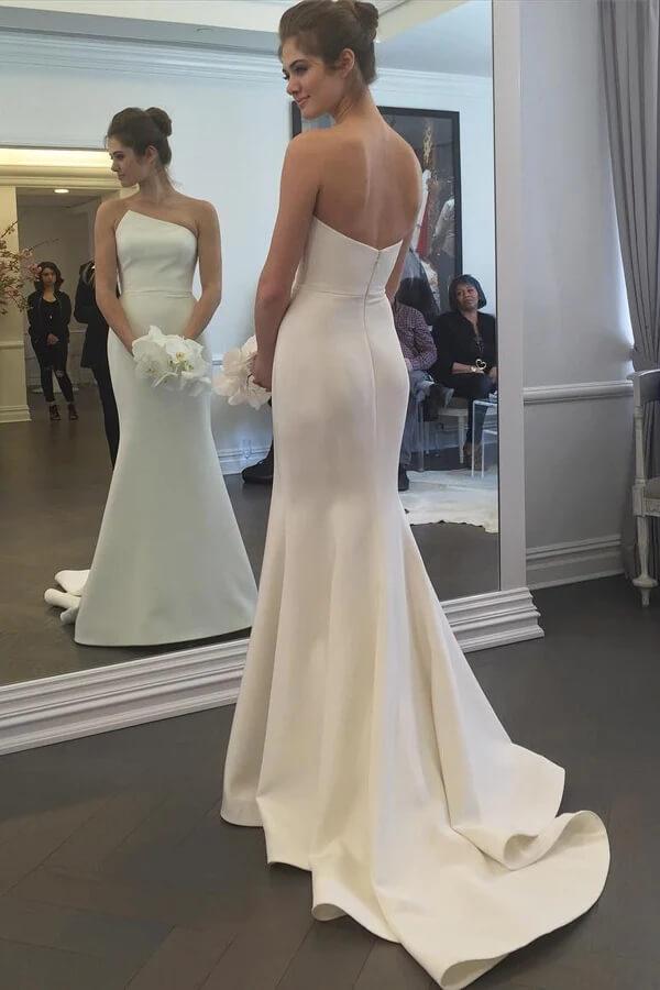 NumberSea - Vestido de novia sencillo color marfil, sin tirantes y con cola, MW781