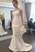NumberSea - Vestido de novia sencillo color marfil, sin tirantes y con cola, MW781