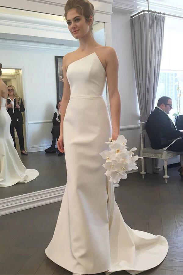 NumberSea - Vestido de novia sencillo color marfil, sin tirantes y con cola, MW781