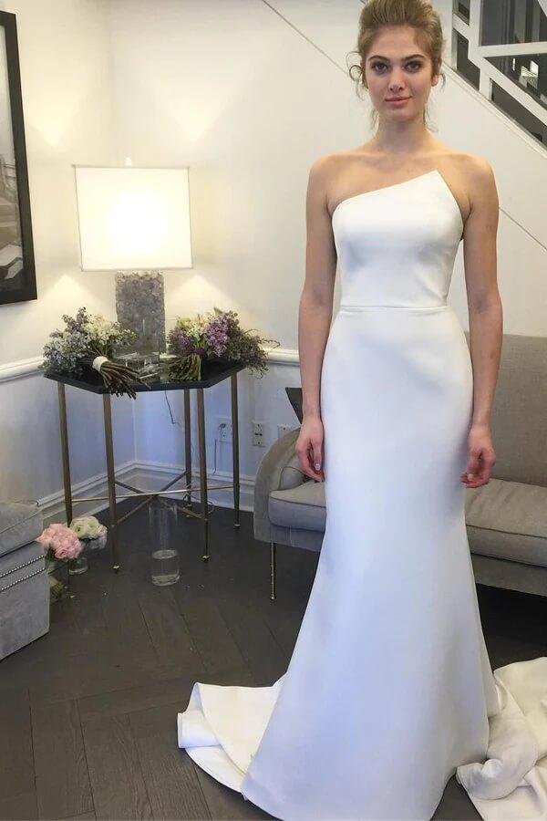 NumberSea - Vestido de novia sencillo color marfil, sin tirantes y con cola, MW781