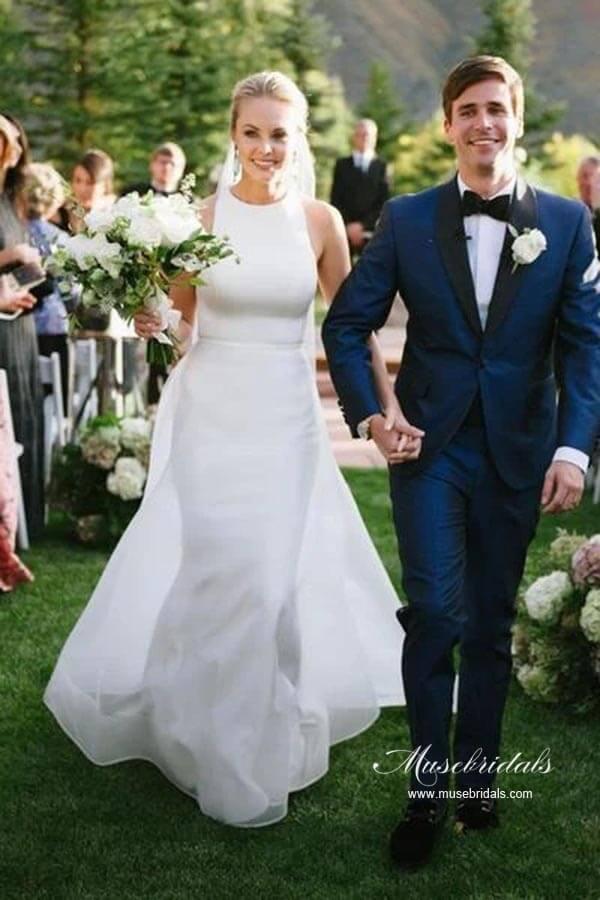 Vestido de novia NumberSea de satén sencillo, corte A, cuello halter, sin mangas y espalda destacada, MW947