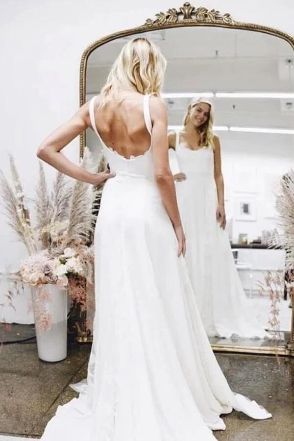 Vestido de novia NumberSea de satén sencillo con escote cuadrado y corte A para playa, MW805