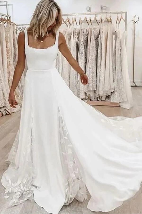 Vestido de novia NumberSea de satén sencillo con escote cuadrado y corte A para playa, MW805