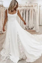 Vestido de novia NumberSea de satén sencillo con escote cuadrado y corte A para playa, MW805